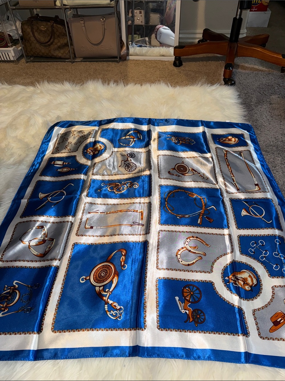 Blue and White Equestrian Print Silk Scarf